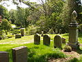 Une vue sur le cimetière boisé avec des pierres tombales et autres monuments commémoratifs.  Une route est visible au loin.