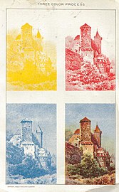 Пример штампања у боји из 1902. Комбиновањем слика у жутој, магента и цијан боји добија се слика у пуној боји. Ово се назива CMYK модела боја.