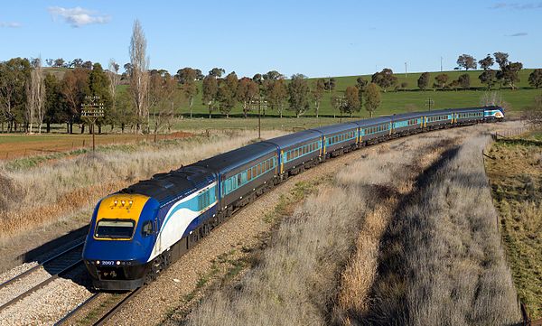 An XPT travelling from Melbourne to Sydney, pictured between Jindalee and Morrisons Hill, New South Wales
