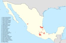 Map showing the areas of Mexico where Nahuatl is spoken today