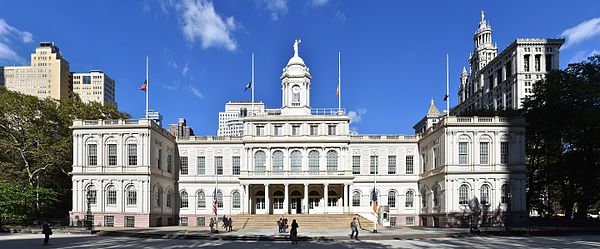 New York City Hall in the Civic Center neighborhood of Lower Manhattan