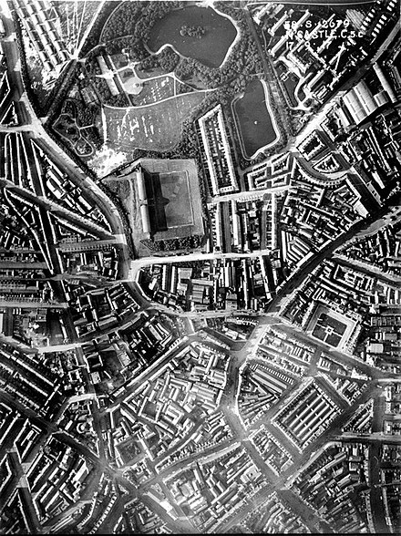 Newcastle city centre, 1917, with St James' Park football ground above and left of centre