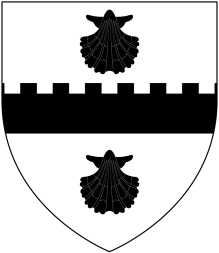 Arms of Newcombe: Argent, a fess embattled between two escallops in pale sable NewcombeArms.png