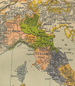 A Cisalpin Köztársaság (zöld színben) Észak-Olaszország térképén 1799-ben