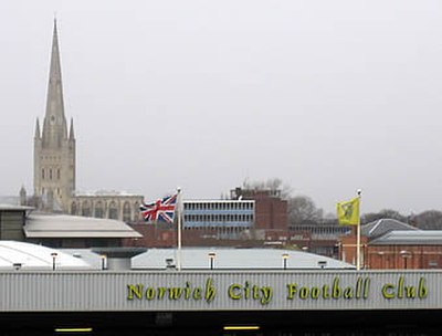 View from Carrow Road towards the city, with Norwich Cathedral in the background