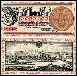 Nota de dez milhões de marcos Notgeld emitida pela cidade alemã de Tréveris em 1923. A nota foi desenhada por Fritz Quant e inclui uma visão de Tréveris de acordo com uma gravura em cobre de Matthäus Merian (1646) (definição 4 665 × 4 561)