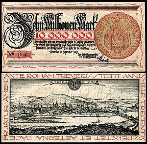 "Notgeld" (emergency money): Ten Million Mark from Trier, Germany (1923), designed Fritz Quant.