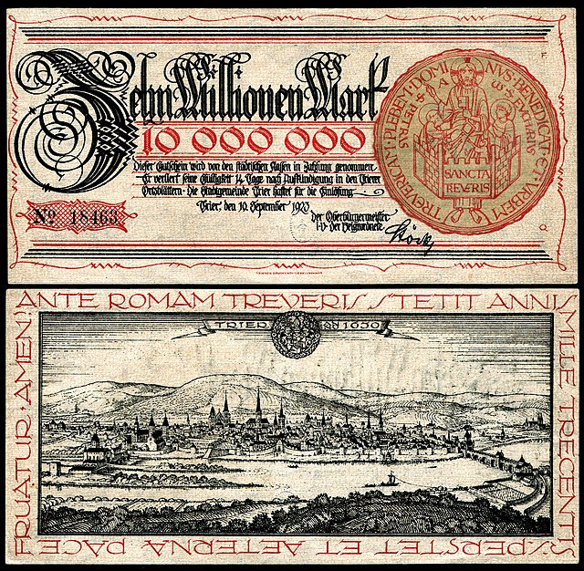 Банкнота-нотгельд в 10 млн марок, выпущенная в Трире в 1923 году