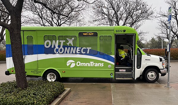 Omnitrans Route 380 (ONT Connect) provides regular bus service to Ontario International Airport from Rancho Cucamonga Station.