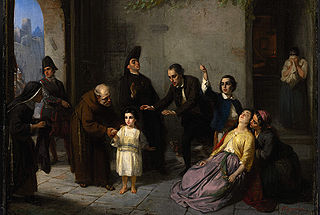 The Kidnapping of Edgardo Mortara, painting by Moritz Daniel Oppenheim, 1862. This depiction departs significantly from the historical record of how Mortara was taken—no clergy were present, for example.
