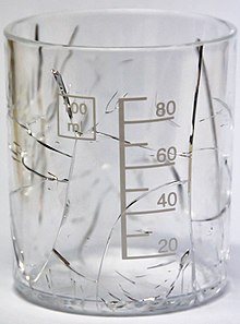 Poly(methyl methacrylate) (PMMA, plexiglas) beaker cracked after exposure to ethanol PMMA measuring cup cracked by ethanol.jpg