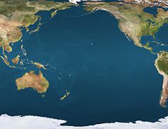 Mapa konturowa Oceanu Spokojnego, na dole po lewej znajduje się punkt z opisem „Wyspa Flindersa”