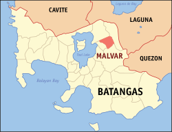 Mappa di Batangas con Malvar evidenziato