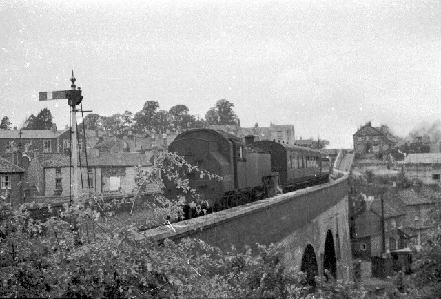 A train crosses the Pill Viaduct in 1960. This is a service from Portishead, which has just left Pill.