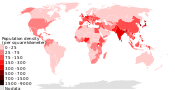 מפת העולם המציגה את צפיפות האוכלוסין בכל מדינה