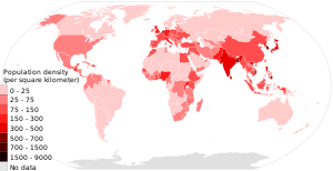 Population density (people per km ) by country, 2018 Population density of countries 2018 world map, people per sq km.svg