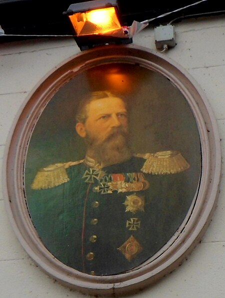 Portrait of Kaiser Friedrich III, the pub sign of the King of Prussia Coaching Inn in Penpergwm in Monmouthshire Portrait of Kaiser Friedrich III, The King of Prussia pub, Penpergwm (Geograph 3044130 by John Grayson).jpg