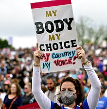Abortion-rights protestors in Washington, D.C. on May 14, 2022 as part of the Bans Off Our Bodies protest following the leaked draft opinion overturning Roe v. Wade. Pro-ChoiceMarch 3432 (52073919067).jpg