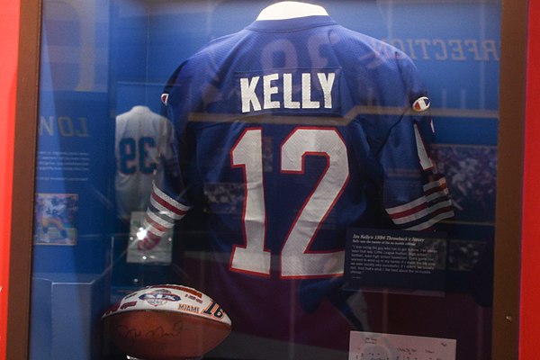 Quarterback Jim Kelly's 1994 jersey displayed at the Pro Football Hall of Fame