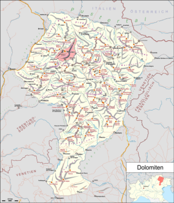 Puezgruppe rot markiert auf der Dolomitenkarte