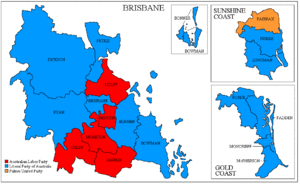 Electoral divisions: Brisbane, Sunshine Coast and Gold Coast areas QLDmetro2013.gif