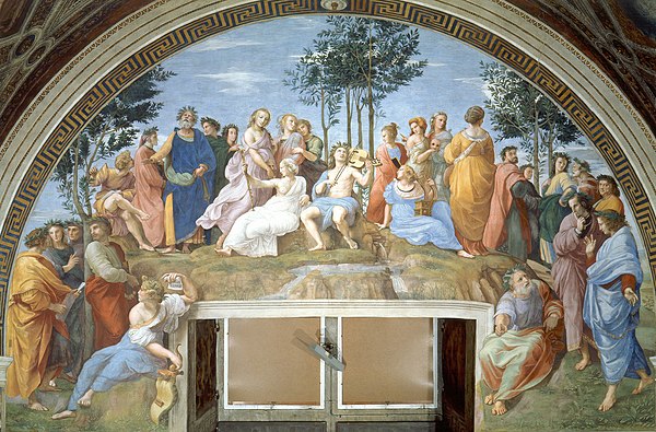 The Parnassus (1511) by Raphael: famous poets recite alongside the nine Muses atop Mount Parnassus.