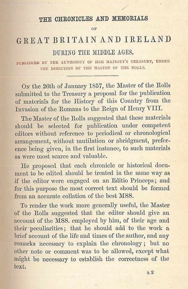 First page of the statement of intent published as a preamble to all Rolls Series volumes, dated December 1857