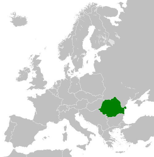 The Socialist Republic of Romania in 1989 in dark green; Bessarabia and Northern Bukovina, claimed between November and December 1989[2] but not controlled, in light green