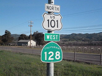 Highway marker showing cosign of US 101 and California Route 128. Route 101 and 128 Marker.JPG