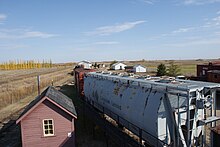 Canpotex cylindrical hopper on display at the Saskatchewan Railway Museum. SRM-West.jpg