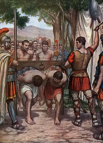 Second Samnite War, Battle of the Caudine Forks in 321 BC, the Roman army of the consuls Tiberius Veturius Calvinus symbolically pass under the yoke after their surrender. Second Samnite War, Battle of the Caudine Forks in 321 BC, the Roman army of the consuls Tiberius Veturius Calvinus.tif