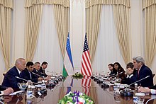 President Islam Karimov with U.S. Secretary of State John Kerry in Samarkand in November 2015 Secretary Kerry Meets With President Karimov at the President's Residential Compound in Samarkand (22052330394).jpg