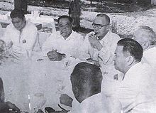 At Malacanang Palace, 1955. Clockwise, from top left: Senator Edmundo Cea, Former President Jose P. Laurel Sr., Senator Cipriano Primicias, Senate President Eulogio A. Rodriguez, Sr., President Ramon F. Magsaysay, & House Speaker Jose B. Laurel, Jr. Sen Primicias in Malacanang.jpg