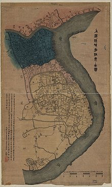 A map of Shanghai in 1884;Chinese area are in yellow,French in red,British in blue,American in orange. Shanghai 1884.jpg