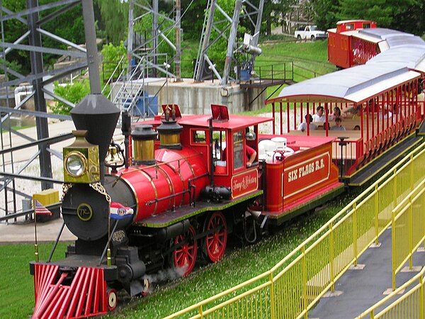 A typical 3 ft (914 mm) gauge Crown Metal Products train in Six Flags St. Louis