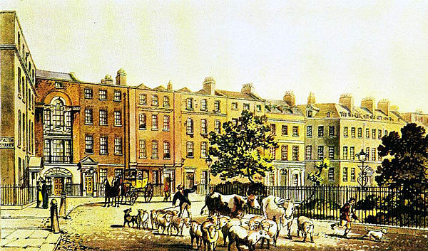 Soho Square in 1816. At that time farm animals were often driven into London.