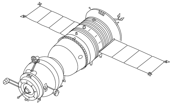 Soyuz-TM spacecraft. Compare the antennas on the orbital module to those on Soyuz-T. Differences reflect the change from the Igla rendezvous system used on Soyuz-T to the Kurs rendezvous system used on Soyuz-TM.