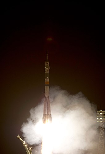 The Soyuz TMA-02M rocket launches from the Baikonur Cosmodrome carrying Volkov, Fossum and Furukawa to the International Space Station.