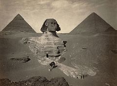 Image 11Great Sphinx of GizaPhoto: Maison Bonfils; Restoration: Lise BroerA late nineteenth century photo of the partially excavated Great Sphinx of Giza, with the Pyramid of Khafre (left) and the Great Pyramid of Giza (right) behind it. The Sphinx is the oldest known monumental sculpture, and is commonly believed to have been built by ancient Egyptians of the Old Kingdom in the reign of the pharaoh Khafra.More featured pictures