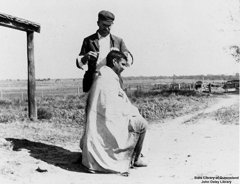 File:StateLibQld 2 159178 Man receiving a haircut on a farm in the Blackall District, Queensland, 1900-1910.jpg