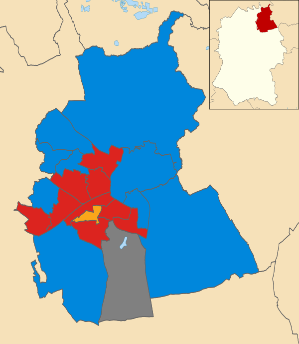 Map of the results of the 2016 Swindon council election. Conservatives in blue, Labour in red and Liberal Democrats in yellow. Wards in grey were not contested in 2016.
