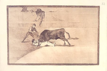 Gravat número 33 de la sèrie La tauromàquia de Goya. Representa el primer moment de l'agafada de Pepe-Hillo, abans que el toro l'elevés per l'aire