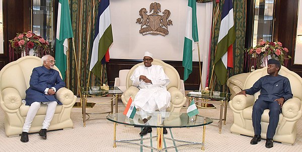 Indian Vice President Mohammad Hamid Ansari calling on the President of Nigeria Muhammadu Buhari at the State House, in Abuja, Nigeria, on 27 Septembe