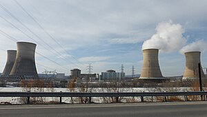 After the accident, Three Mile Island used only one nuclear generating station, TMI-1, which is on the right. TMI-2, to the left, has not been used since the accident. Three Mile Island Nuclear Generating Station.jpg