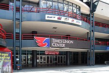 MVP Arena's atrium circa 2008, with the 2007-2020 Times Union Center signage Times Union Center Atrium.jpg