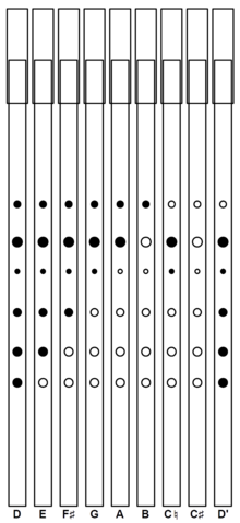 Fingering for the diatonic scale on a D tin whistle: I, II, III, IV, V, VI, VII, VII, I' Play on D Tin whistle fingering chart in D.png