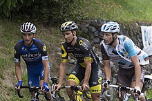 Coquard (centre) at the 2016 Tour de France, along with compatriots Julian Alaphilippe (left) and Alexis Gougeard (right) Tour de France 2016, Stage 19 - Albertville to Saint-Gervais Mont Blan (28938539836).jpg