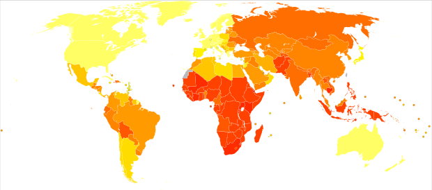 Age-standardised disability-adjusted life years caused by tuberculosis per 100,000 inhabitants in 2004