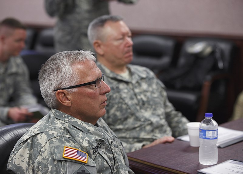 File:U.S. Army Maj. Gen. Myles Deering, foreground, the adjutant general of Oklahoma, and Gen. Frank J. Grass, right, the chief of the National Guard Bureau, listen to a situation brief in Oklahoma City May 28, 2013 130528-Z-VF620-3873.jpg