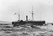 The USS Wateree beached at Arica, 430 yards (390 m) inland USS Wateree (1863).jpg